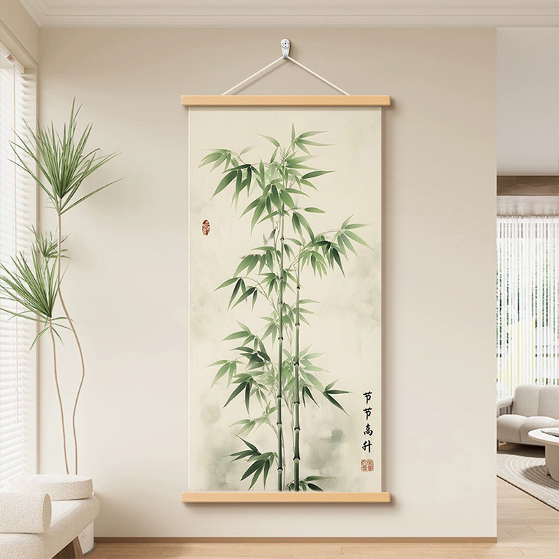 New Chinese-Style Vertical Entrance Decorative Painting for Hallway Facing the Door, Bamboo Tea Room Mural
