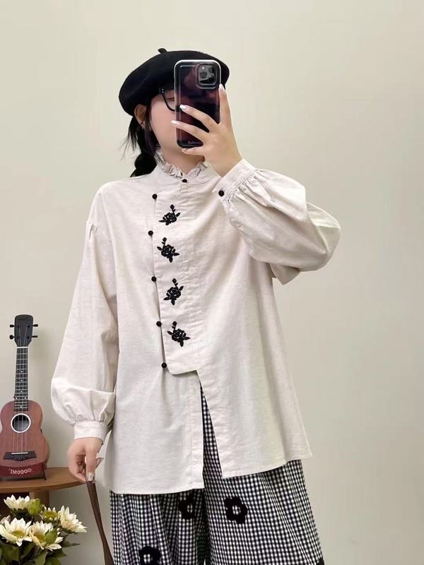 日系森系木耳立领棉麻衬衫女秋季新款刺绣门襟减龄百搭灯笼袖上衣|undefined
