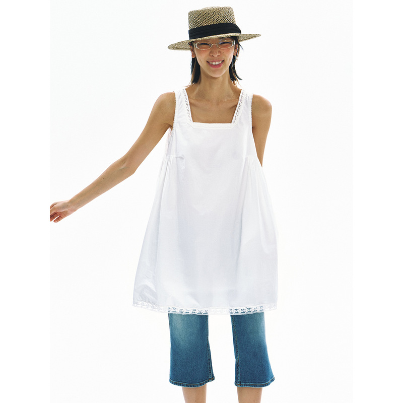 【识时黑标】New Square-Neck Vest Dress, Vintage Combed Cotton with Lace Trim, Pure Cotton Dress V60901