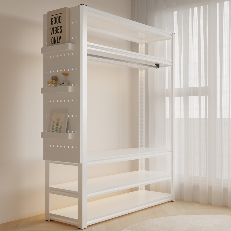 Shelf wardrobe, simple metal closet, DIY assembly, open-style home dressing room with dust-proof curtain and clothes rack