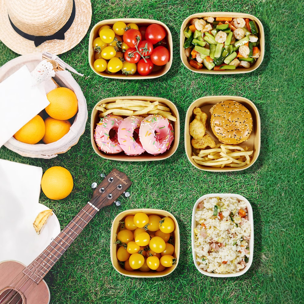 Caja de comidas kraft desechable cuadrada con cubierta de microondas para llevar, horneado, corte, empaque, caja de frutas de picnic, grado alimenticio