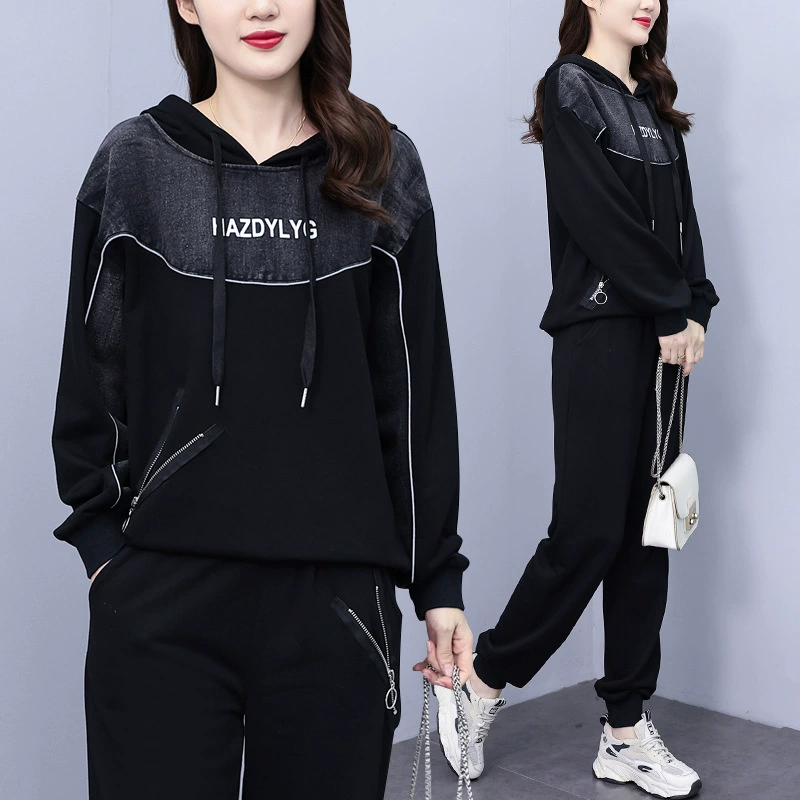 Осенний комплект, джинсовая толстовка, корейский стиль, plus size