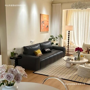 Black Leather Art Sofa for Home Living Room Italian Minimalist Light Luxury Retro Small Apartment Conference Straight Sofa