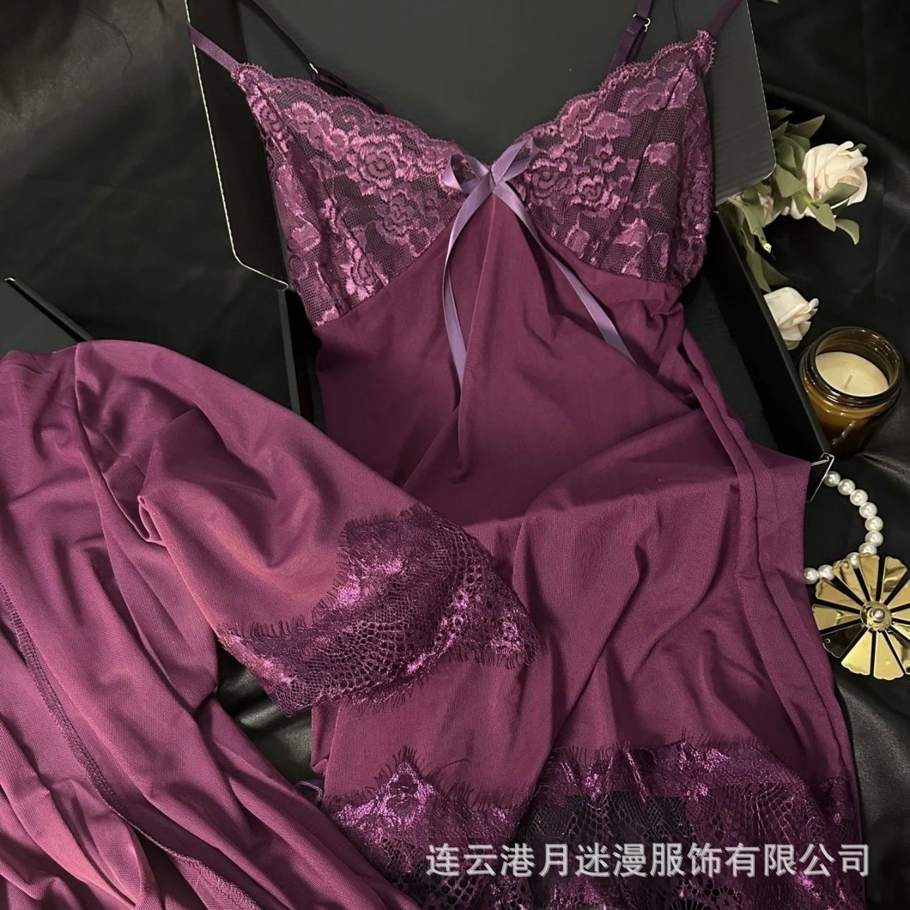 Yue Minman Plus Size Sexy Intimates Deep V Suspender Nightgown Set Sexy Transparent Pajamas Uniform Temptation Three-Piece Set