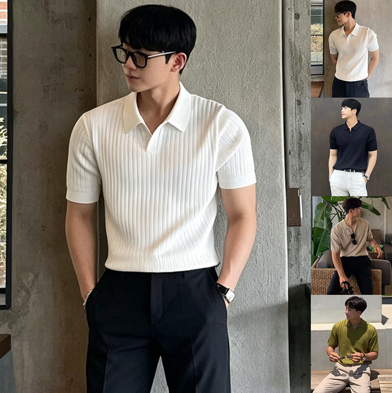 Polo Shirt with V-Neck, Seagull Collar, Knitted Short Sleeves, Men's Striped Old Money Style, Ice Silk Breathable, Cross-Border Factory Wholesale