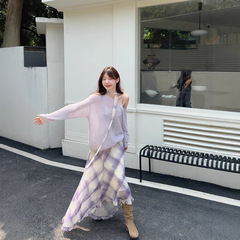 実写2025甘い優しい風不規則な菱格ストラップワンピース薄いニットカーディガン2点セット