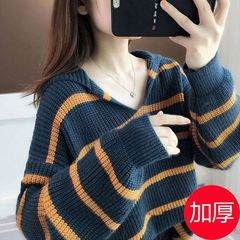 针织衫毛衣女二八月新款宽松韩版百搭条纹拼色短款长袖休闲外套潮