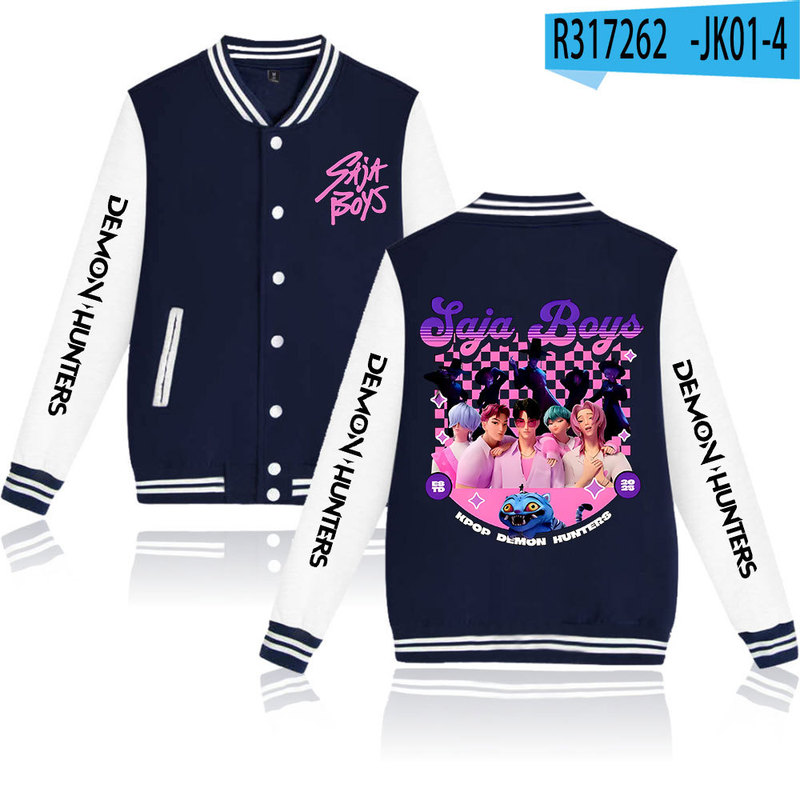 KPop Demon Hunters亚马逊速卖通2D烫画棒球服黑白撞色开衫外套|undefined