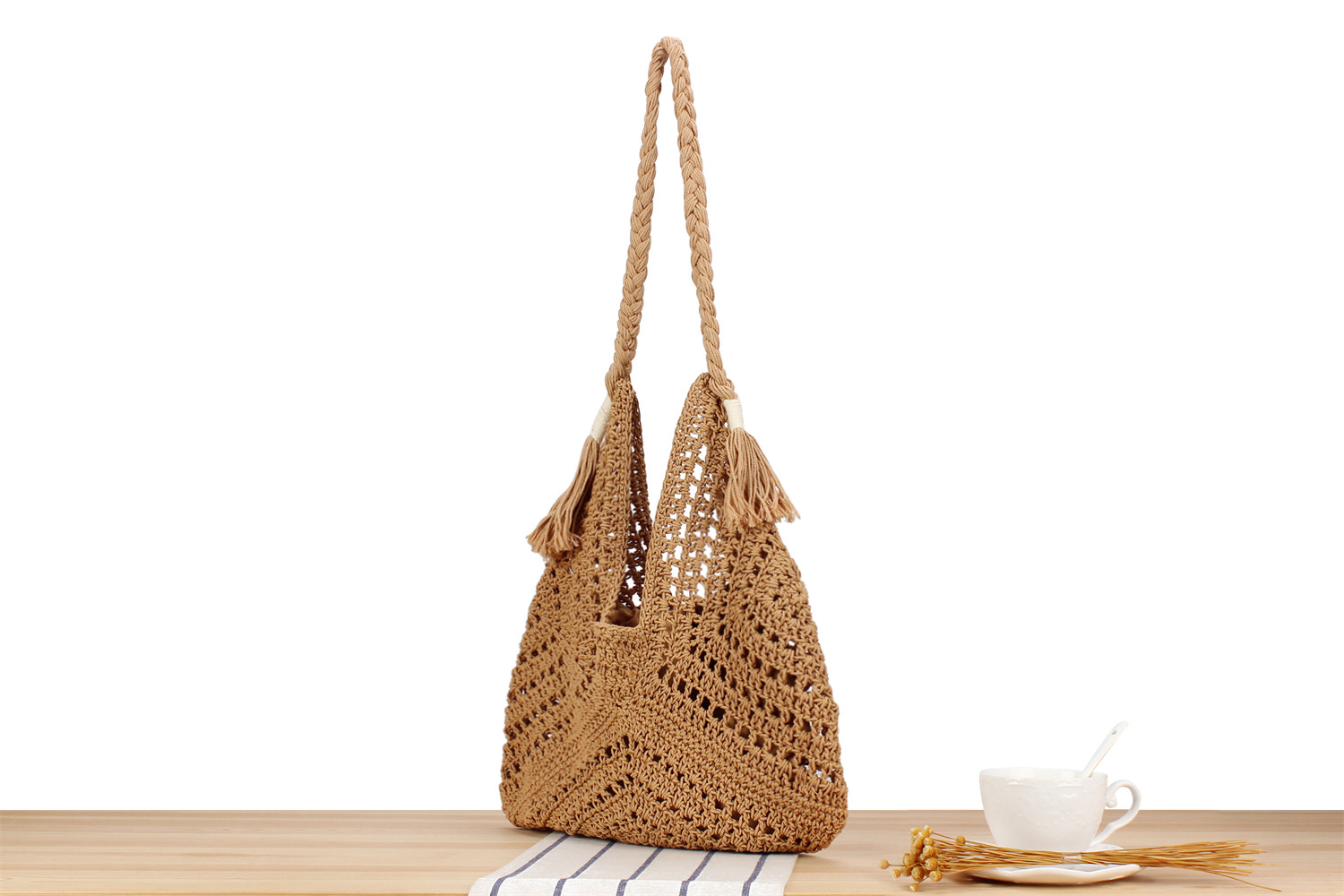 Women's Large Cotton Solid Color Vacation Beach Weave Bucket Open Straw Bag display picture 6