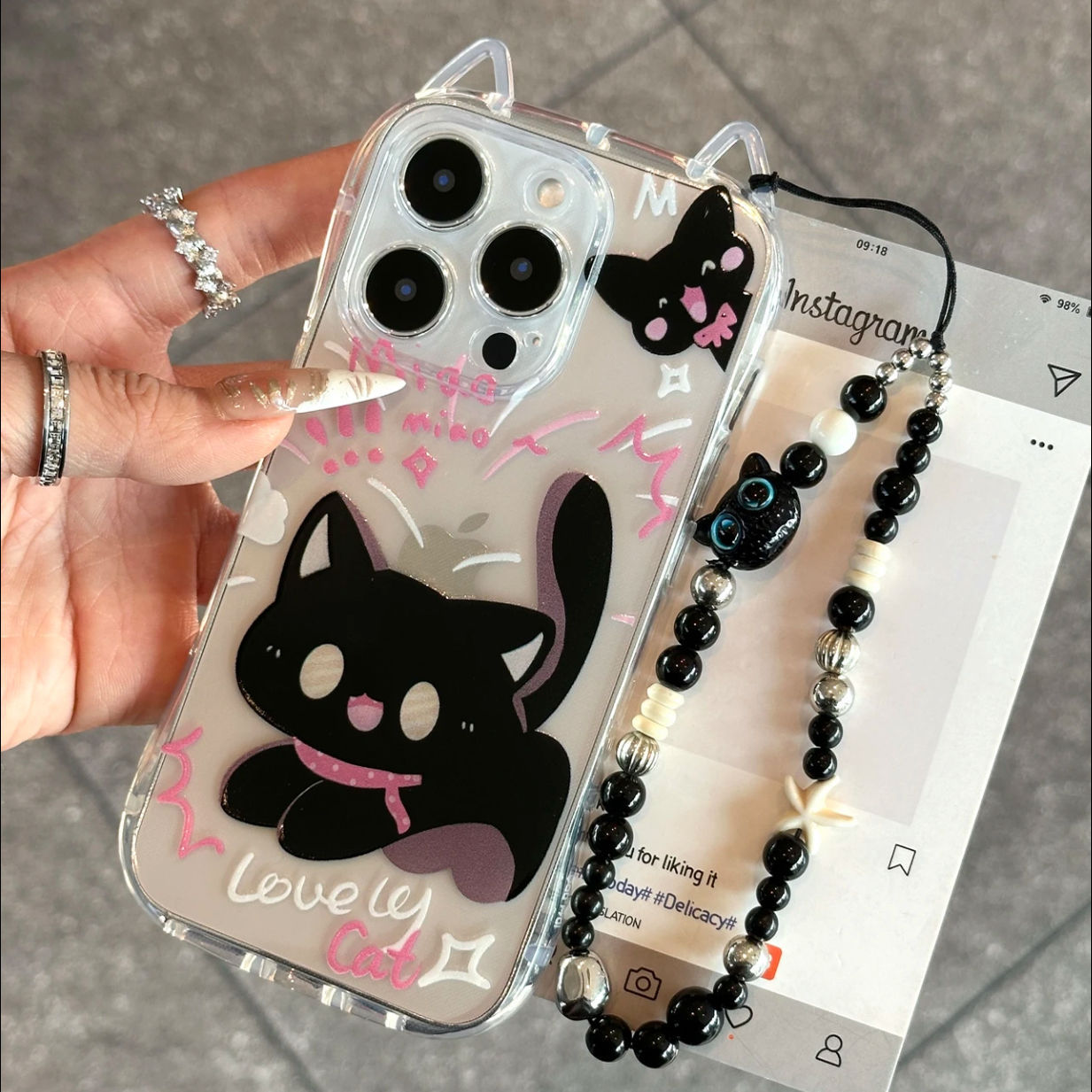 Linda aplicación Apple 15 cintura pequeña gato negro funda para teléfono móvil iphone16promax nueva funda protectora para orejas de gato