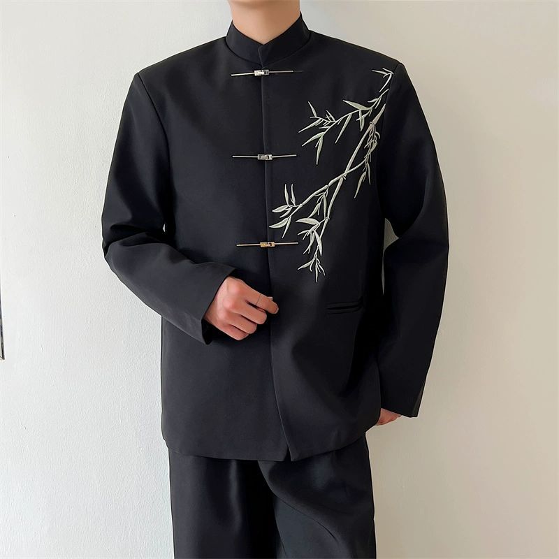 1 Yeni Çin Hafif Ulusal Üst Siyah Dik Yaka Bambu Batı Ceket Erkek İlkbahar Sonbahar Uçak Düğmesi Etnik Stil_voghion.com