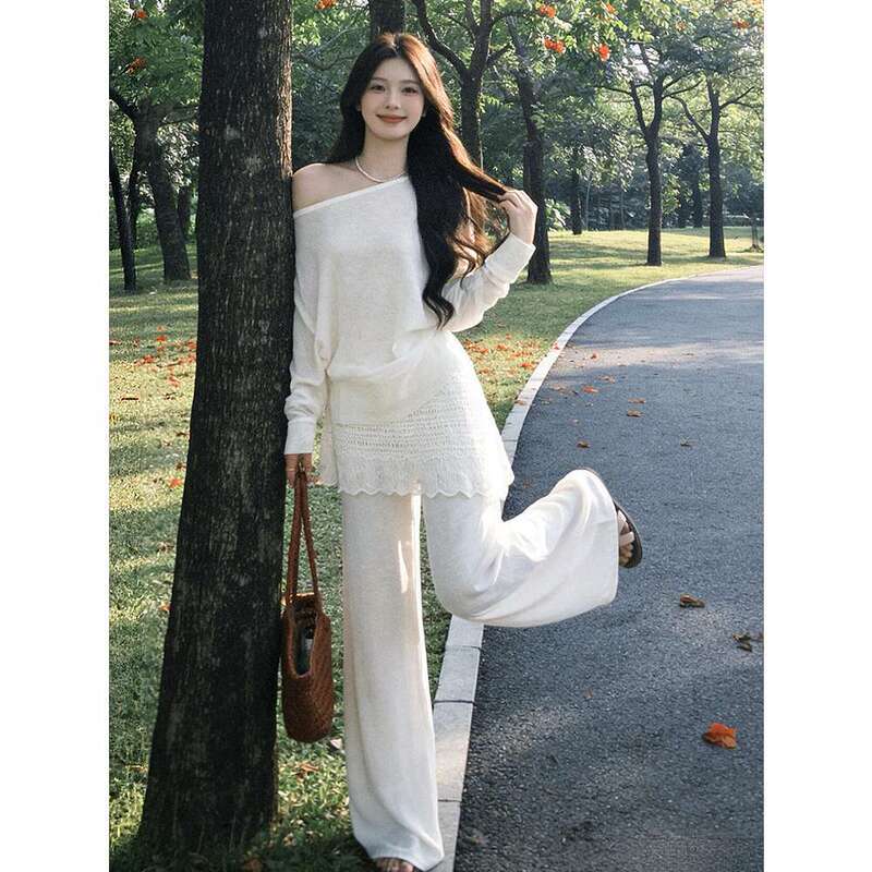 Parkyeon Seaside Vacation Off-Shoulder Long-Sleeve Thin Top High-Waisted Slimming Faux Two-Piece Wide-Leg Pants Set for Women Parkyeon Seaside Vacation Off-Shoulder Long-Sleeve Thin Top High-Waisted Slimming Faux Two-Piece Wide-Leg Pants Set for Women