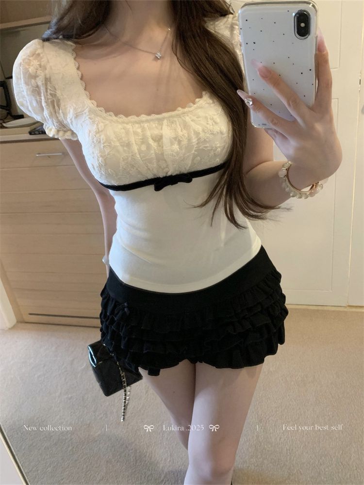 简漫妮 法式蕾丝泡泡袖短袖t恤女士夏季辣妹纯欲修身显瘦方领上衣