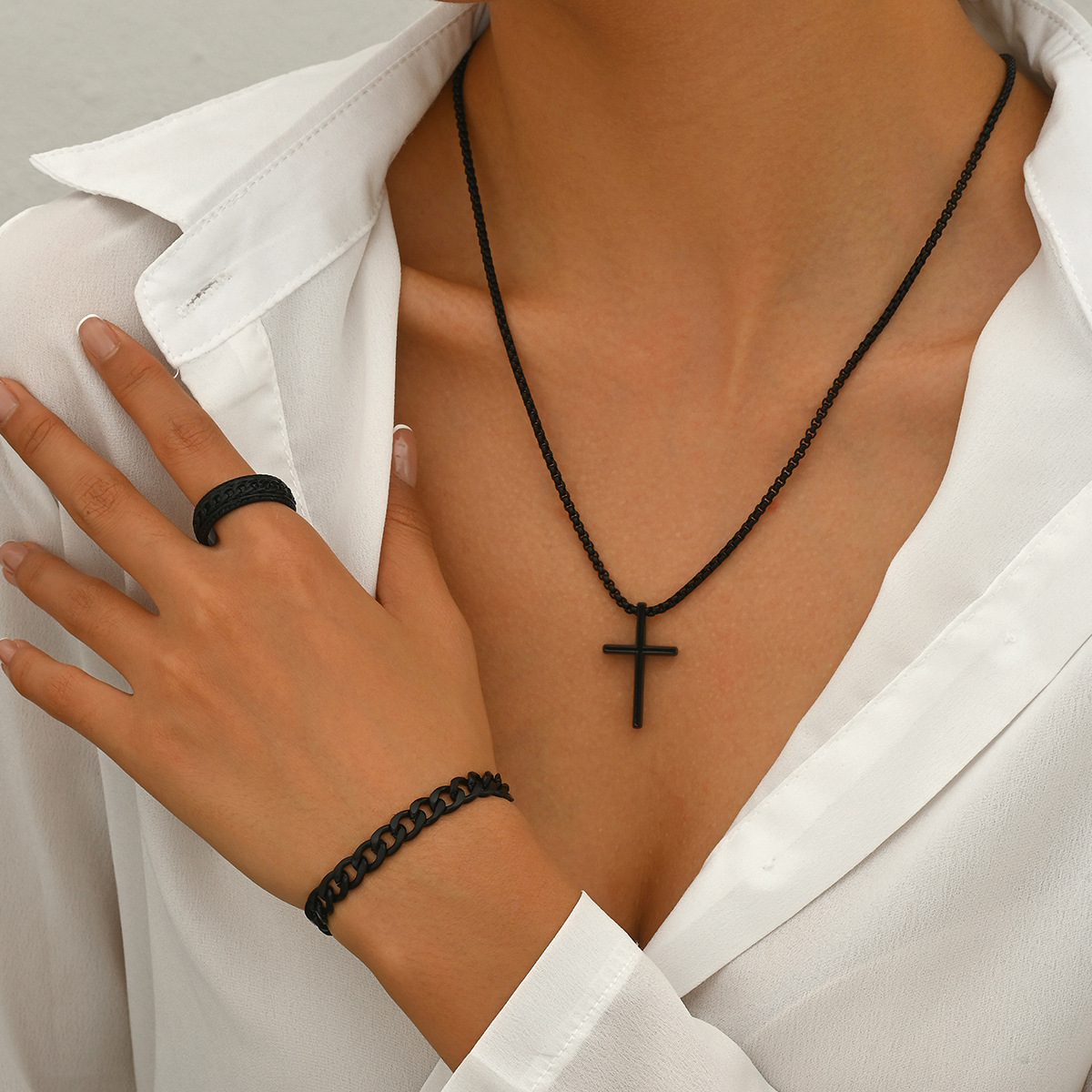 Joyas para hombres europeos y estadounidenses Amazon SHEINtemu crucifijo joyas cadena anillo pulsera collar conjunto de tres piezas