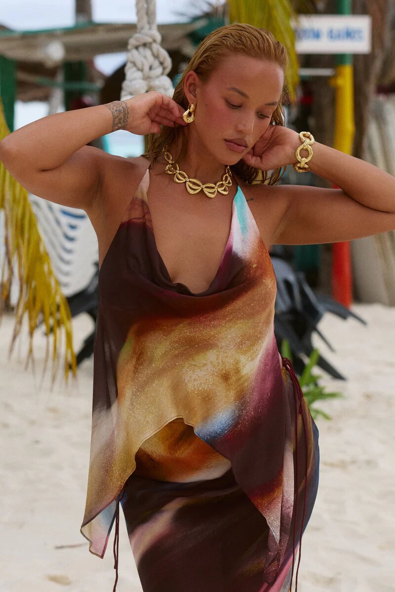 Women's Halter Neck Set American Style Pure Sexy Print Beach Backless Top Tie Up Vacation Look_ecoleips.com