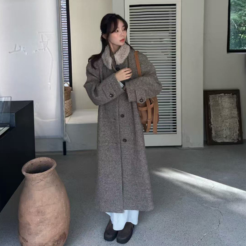 Vers* Detachable Fur Collar Single-Breasted Belt Wool Outwear Women's Autumn and Winter Warm Long Casual Woolen Outwear