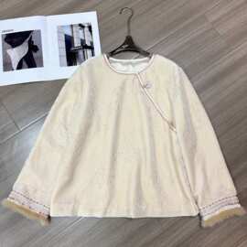 p380399yk11.28 冬新款新中式真丝丝绒暗纹烫金提花拼水貂毛上衣