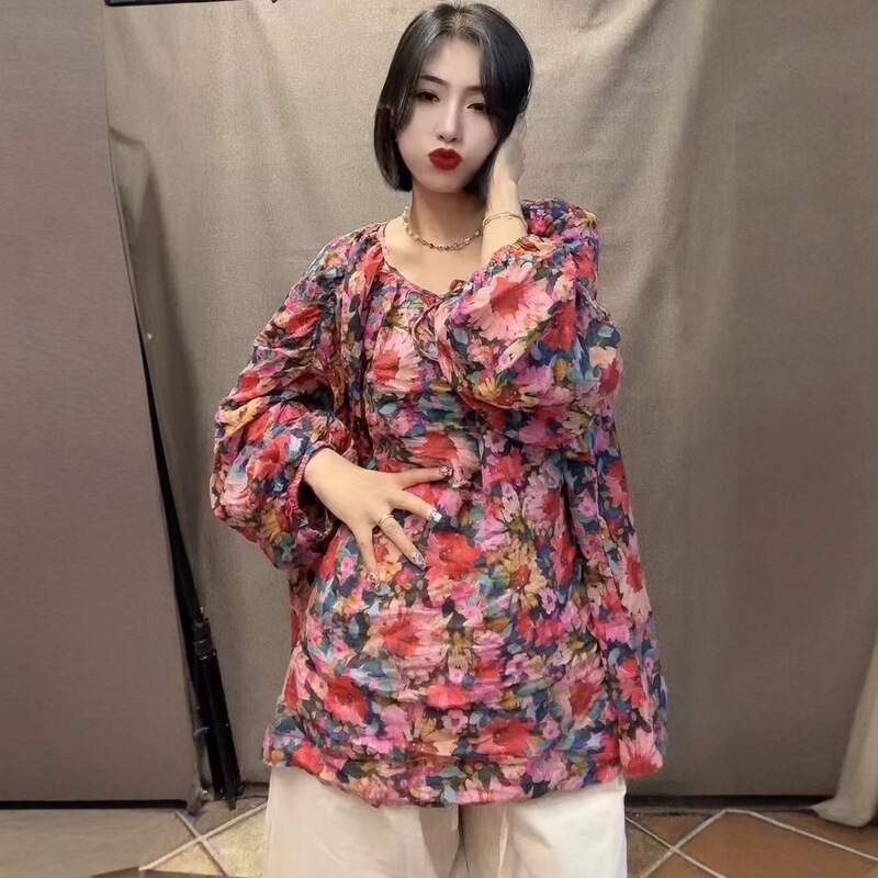 2025 Spring/Summer New Style Ramie Tie-Neck Pullover Women's Loose Plus Size Casual Versatile Artistic Printed Long Sleeve Shirt for Women