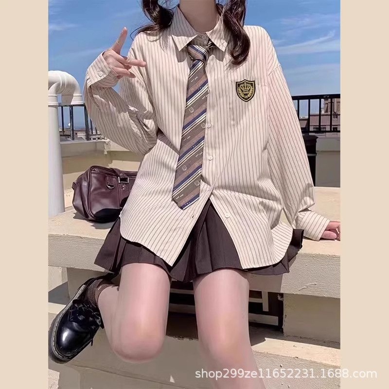 学院风jk制服套装条纹衬衫女春秋2025新款长袖衬衣设计感小众上衣|undefined