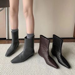 2025春秋冬新款编织宽松套筒坡跟直筒中筒靴时尚百搭方头短靴女