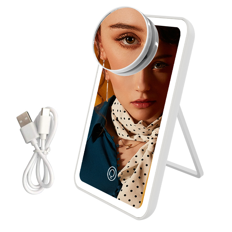 Espejo de maquillaje de celebridades de Internet LED con luz espejo de tocador plano portátil de tres colores con soporte espejo de luz de relleno plegable batería seca