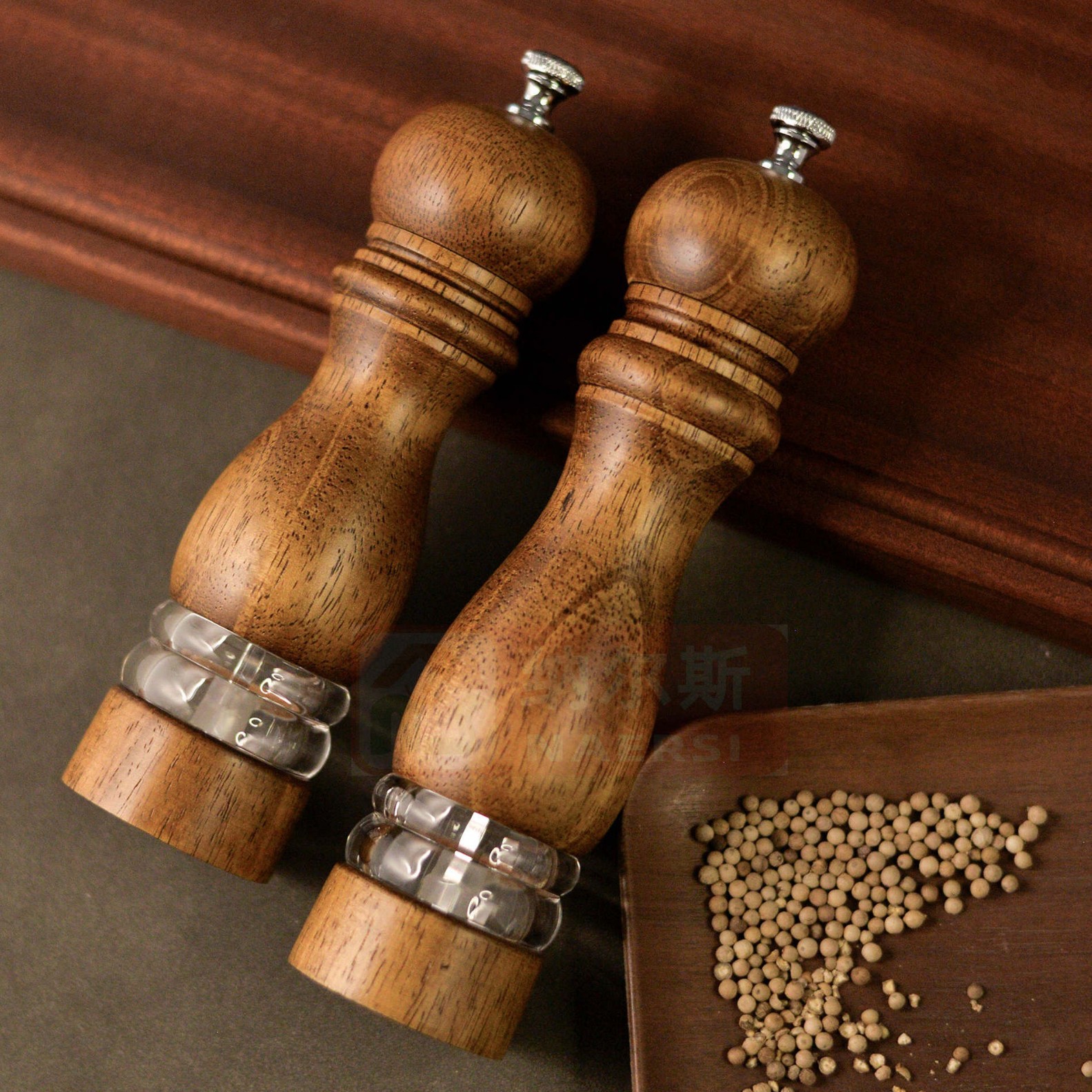  Molinillo manual de pimienta o sal, cuerpo acrílico y núcleo cerámico, diseño clásico de madera, utensilio de cocina