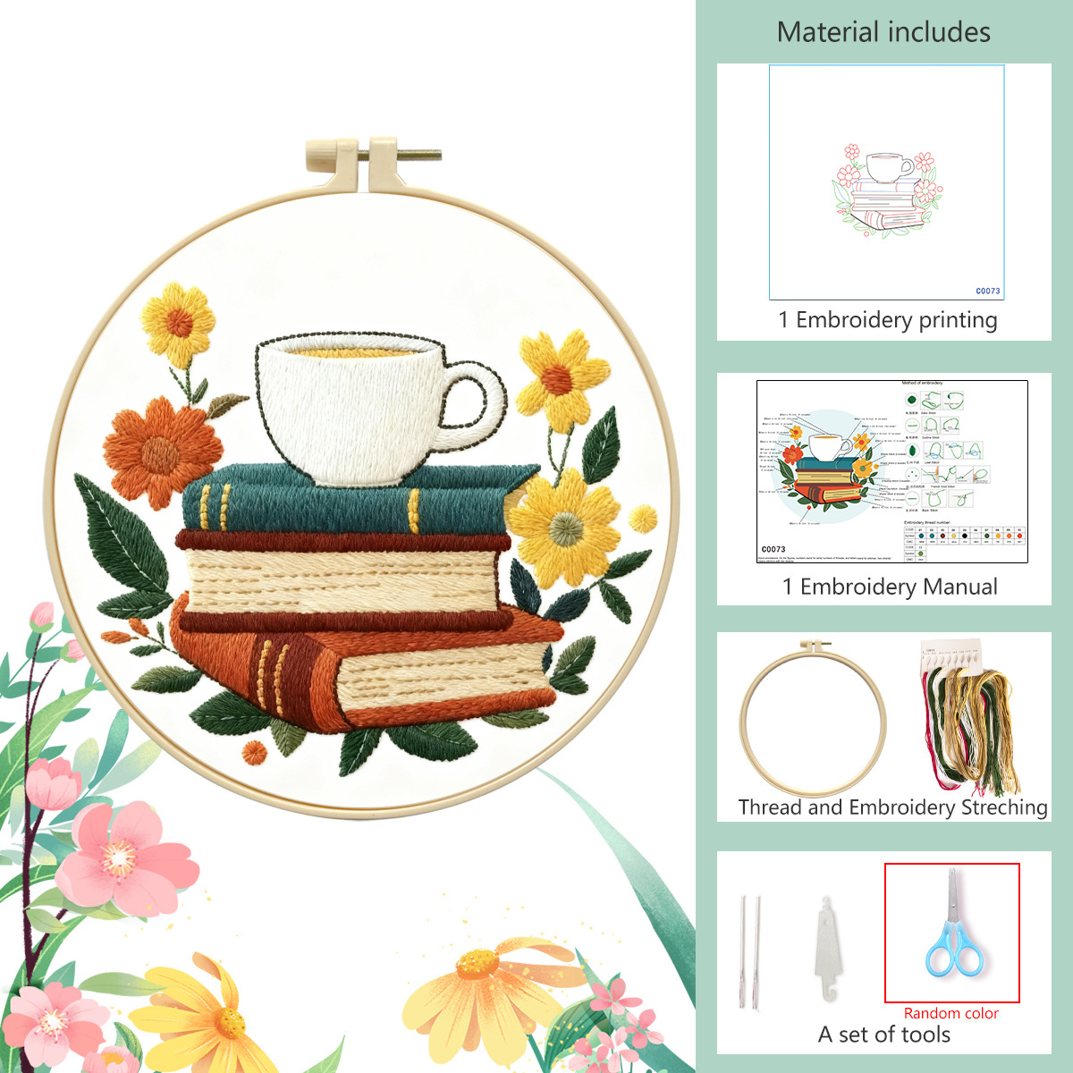 Nuevo paquete de materiales de bordado transfronterizo café con libro incienso decoración de sala de estar DIY set de bordado fábrica cabello recto