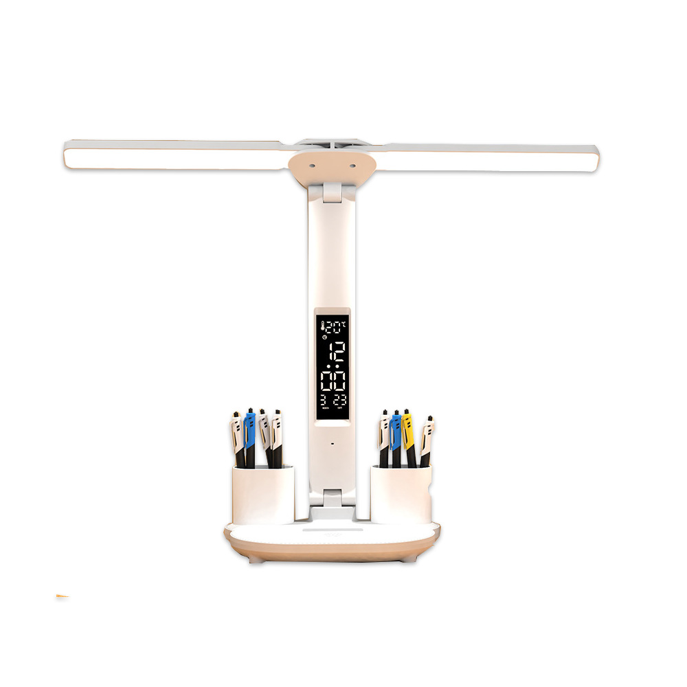lámpara de escritorio de protección de ojos especial de doble cabeza luminosa LED tricolor con atenuación ventilador lámpara de escritorio de carga lámpara de cabecera de cama
