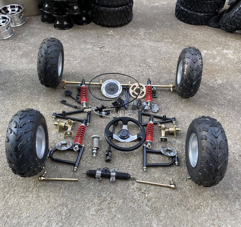 Modified Go-Kart Parts, Homemade Four-Wheel Vehicle with Front and Rear Suspension, Steering Wheel, 1m Rear Axle, 6/7/ 8inch Tires