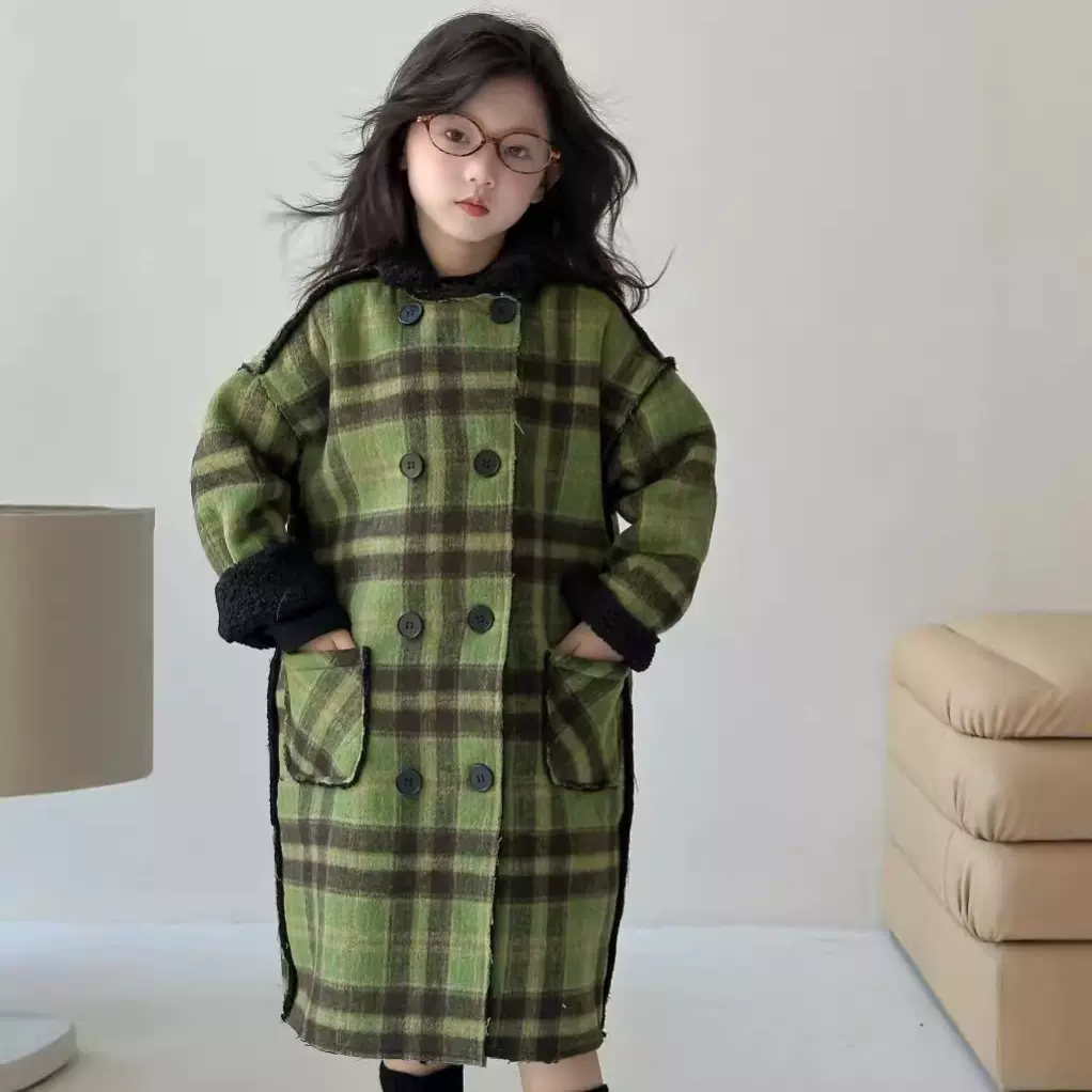 童外套2024冬款女童绿格子双面呢大衣中小童儿童加绒加厚保暖外套