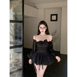 黑色系纯欲减龄蝴蝶结抹胸蓬蓬连衣裙设计感袖套短裙女