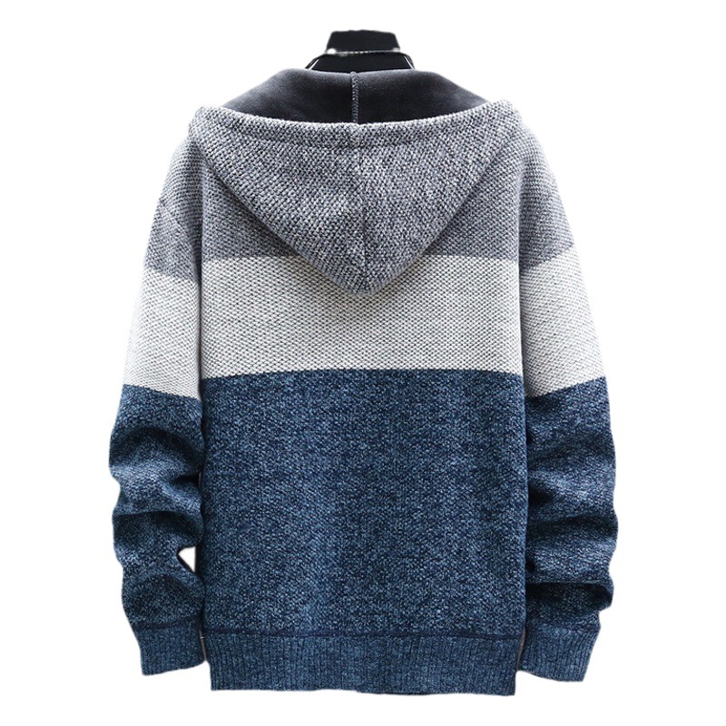 23 Spring and Autumn new men's gradient plus velvet padded sweater large size coat fashion color matching sweater striped cardigan