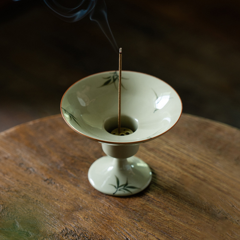 新中式草木灰纯手绘筱竹高足小圆香插陶瓷家用线香香座茶具配件|undefined