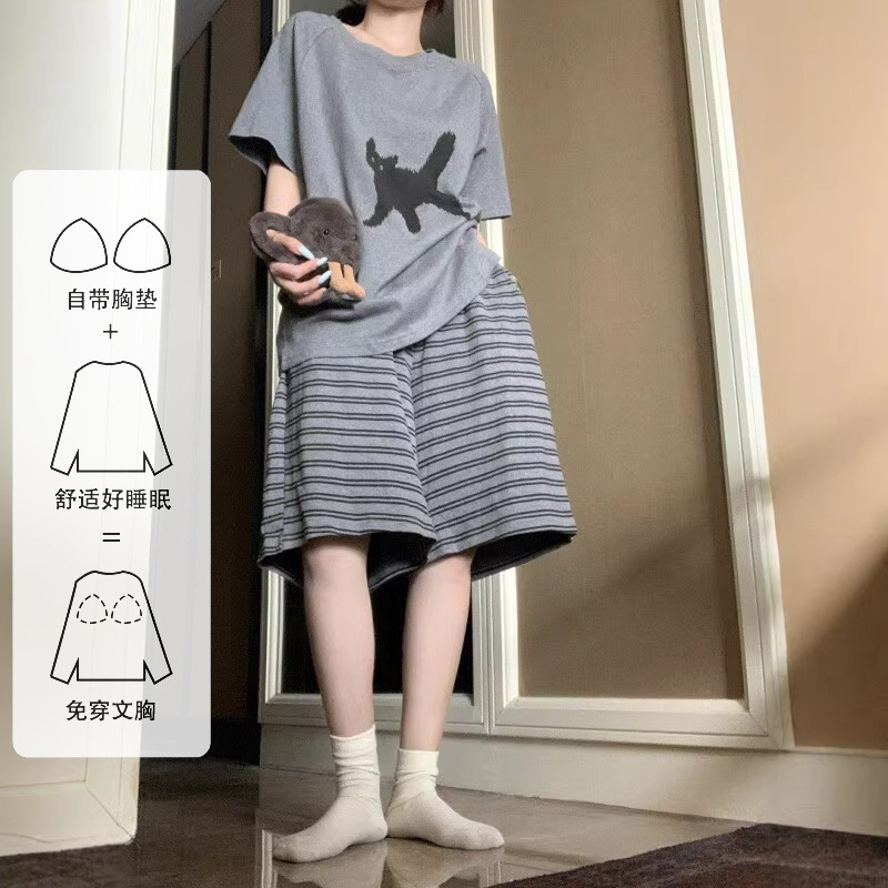 Summer Loose Thin Short-Sleeve Pajamas for Women, Trendy Petite Sweet Style with Chest Pads, Home Wear Set Suitable for Going Out