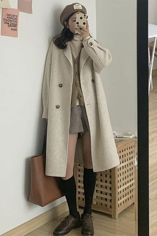 Wollmantel Damen Mittellang Klein Frühling und Herbst Neuer Hepburn-Stil Koreanischer Lockerer Beliebter Wollmantel Strickjacke_voghion.com