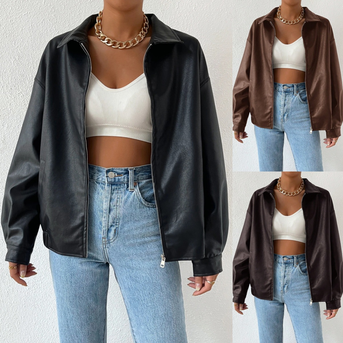 4 Colors Cross-Border European and American Shein Women's Clothing 2025 Autumn and Winter Fashion Retro Motorcycle Leather Jacket Top Outwear Leather Jacket