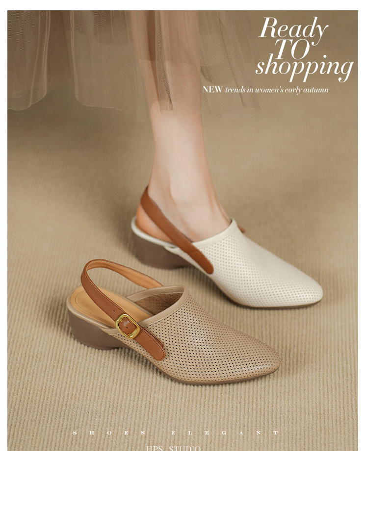 Dép sandal nữ quai chữ V đế xuồng mũi nhọn, gót trung bình, thiết kế lỗ thoáng khí — Màu trắng nhạt chi tiết 1