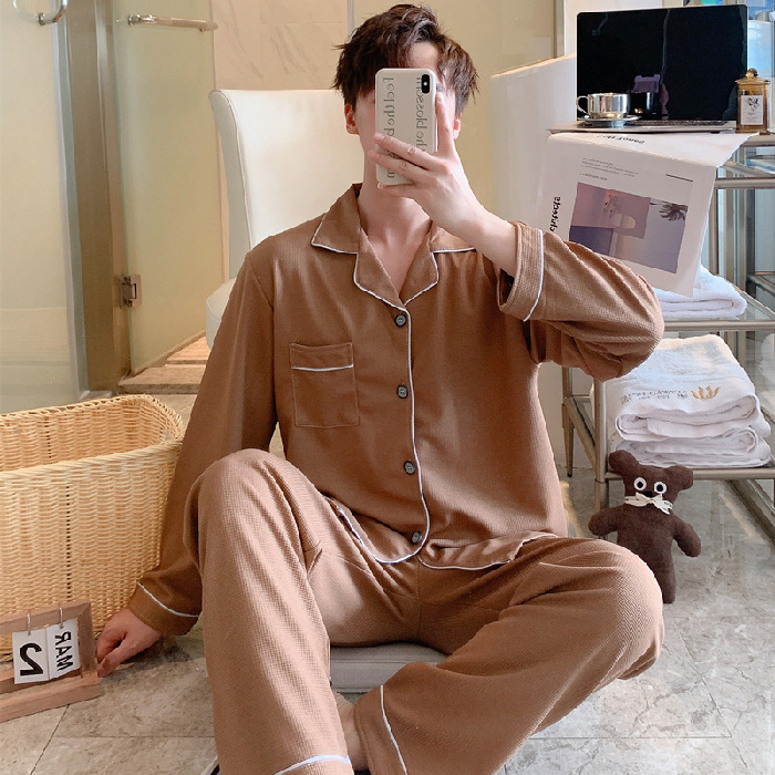 Pijama masculino primavera / otoño / invierno manga larga estilo coreano simple waffle juventud de mediana edad suelta hombre conjunto de ropa de hogar