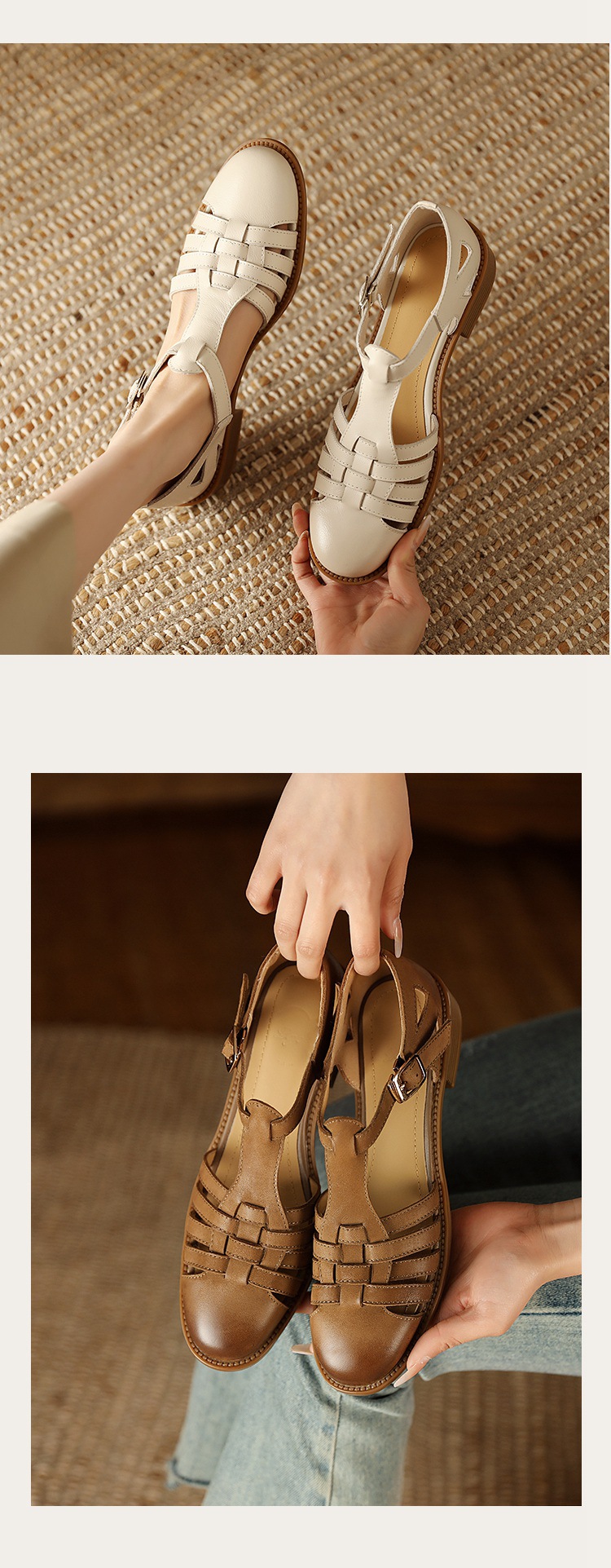 Sandal bít mũi da cừu phong cách La Mã quai chữ T dệt cho nữ — Màu caramel chi tiết 13