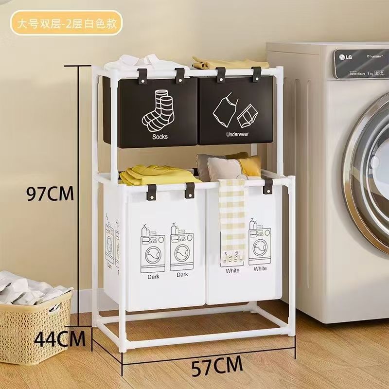 Cesta de doble capa de almacenamiento de ropa sucia, estante de baño, cesta de almacenamiento, cesta de lavandería, almacenamiento de clasificación, tubo de acero grueso, retención