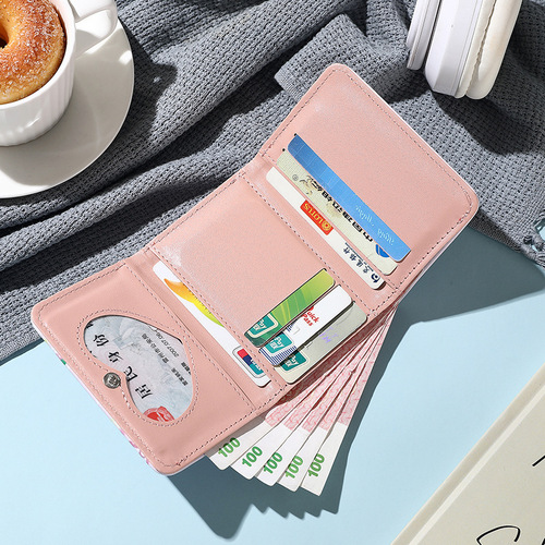 Ladies  New Foldable Wallet Cute Low-Key Small Zero Wallet Card Holder Short Handle Leather Purse with Ins Style