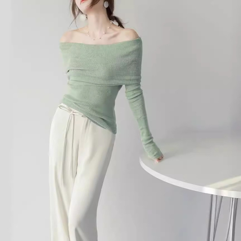 MZOMXL lazy off-neck gentle temperament knitted bottoming shirt Women's sweater women's wool blended off-shoulder top