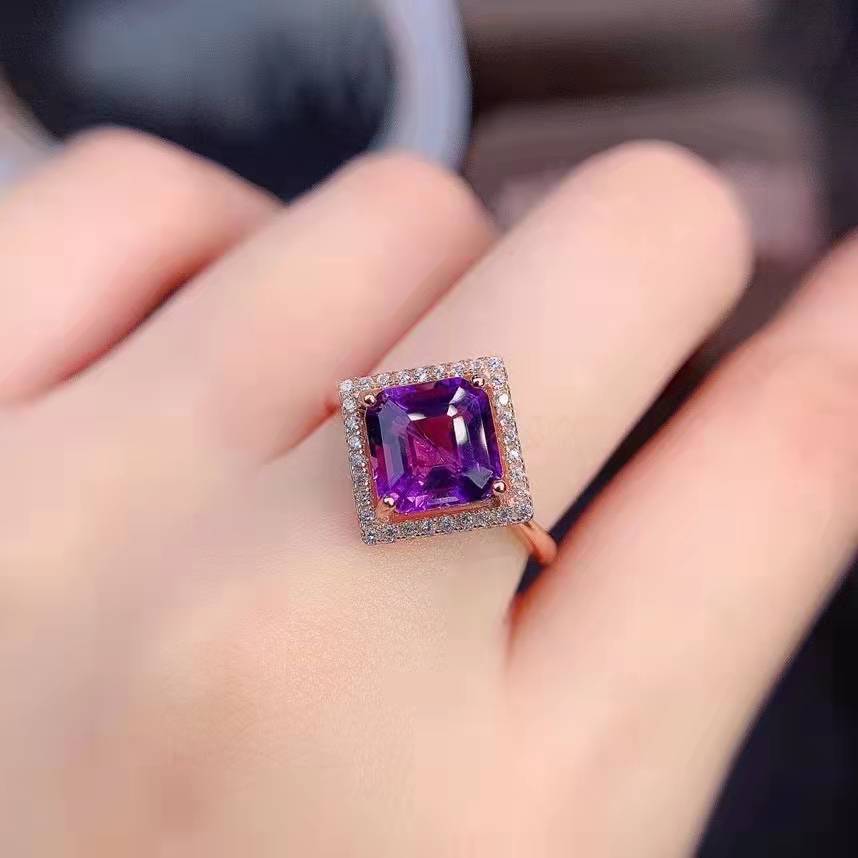New Mysterious Amethyst Ring Female Square Diamond Open Copper Ring