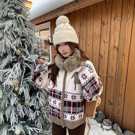 马年限定 重工圣诞新年费尔岛毛衣外套毛领拆卸针织衫女
