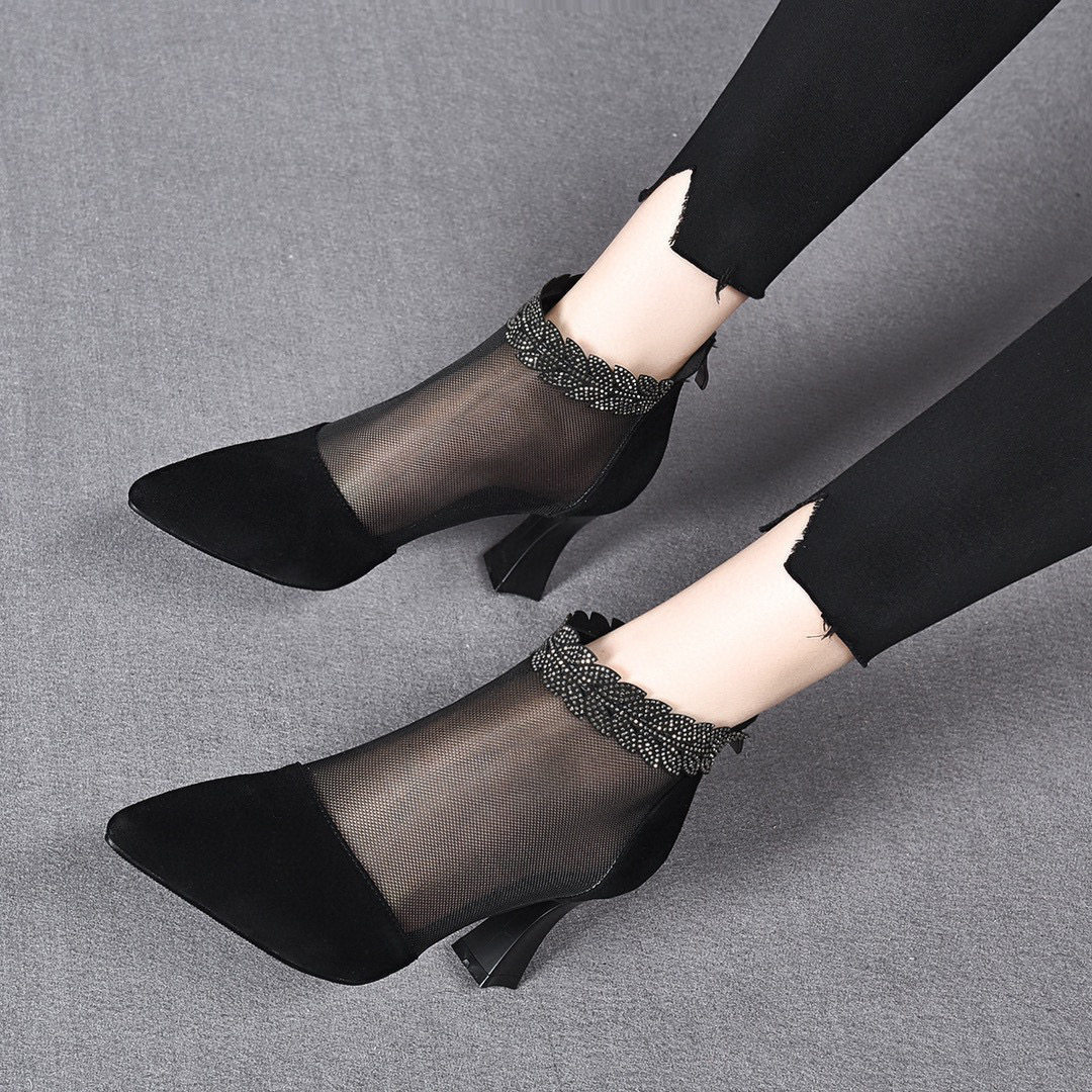 Giày sandal cao gót nữ hở mũi mũi nhọn gót nhọn 9 cm lưới thoáng khí — màu đen