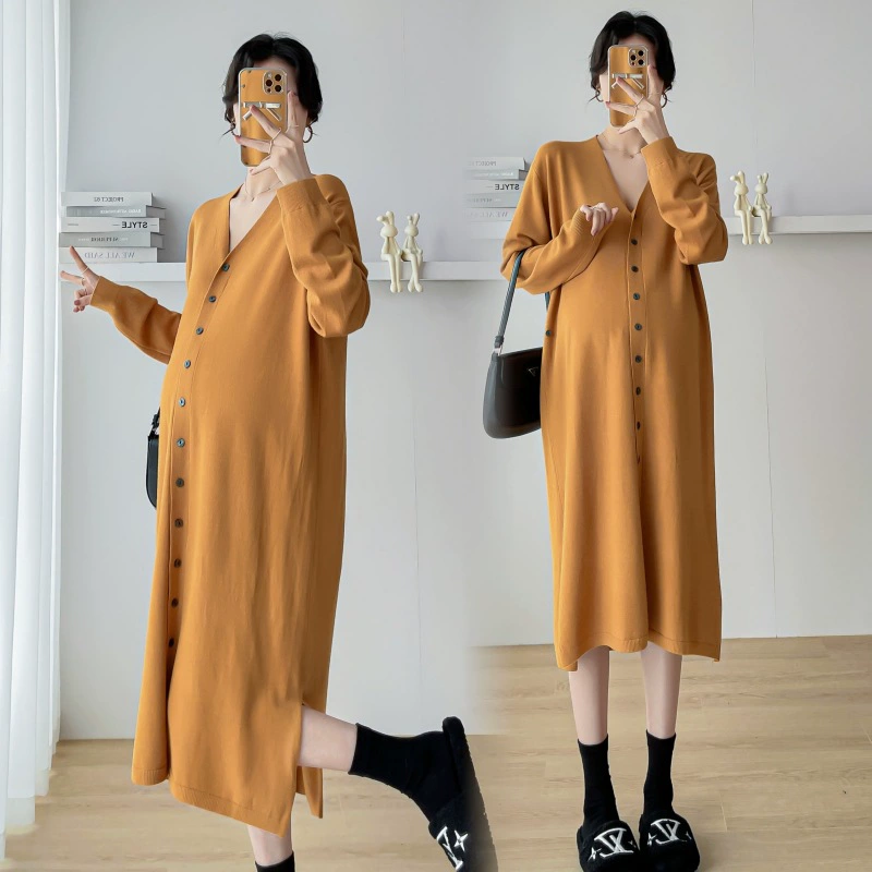 Реальная фотосессия модная осенняя одежда для беременных большой размер свободный однобортный дородовое вязаное платье свитер