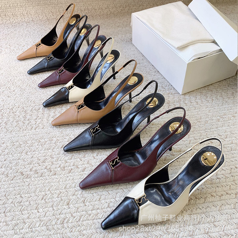 2026 Spring/Summer New Style Metal Buckle Pointed Toe High Heel Sandals for Women, Thin Heel, Open Back, Sexy Work Shoes, Breathable Women's Shoes