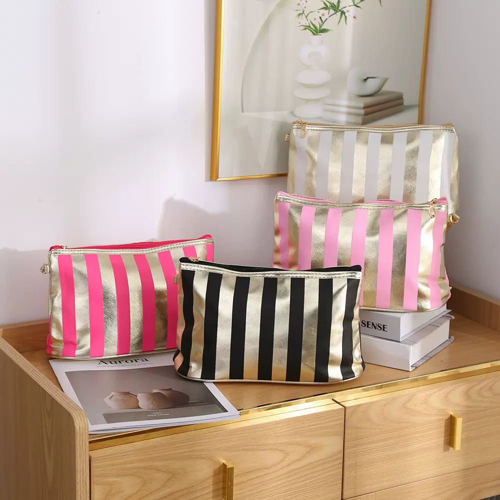 便携条纹化妆包金边拼色手拿包迷你随身化妆品收纳包防水女包包