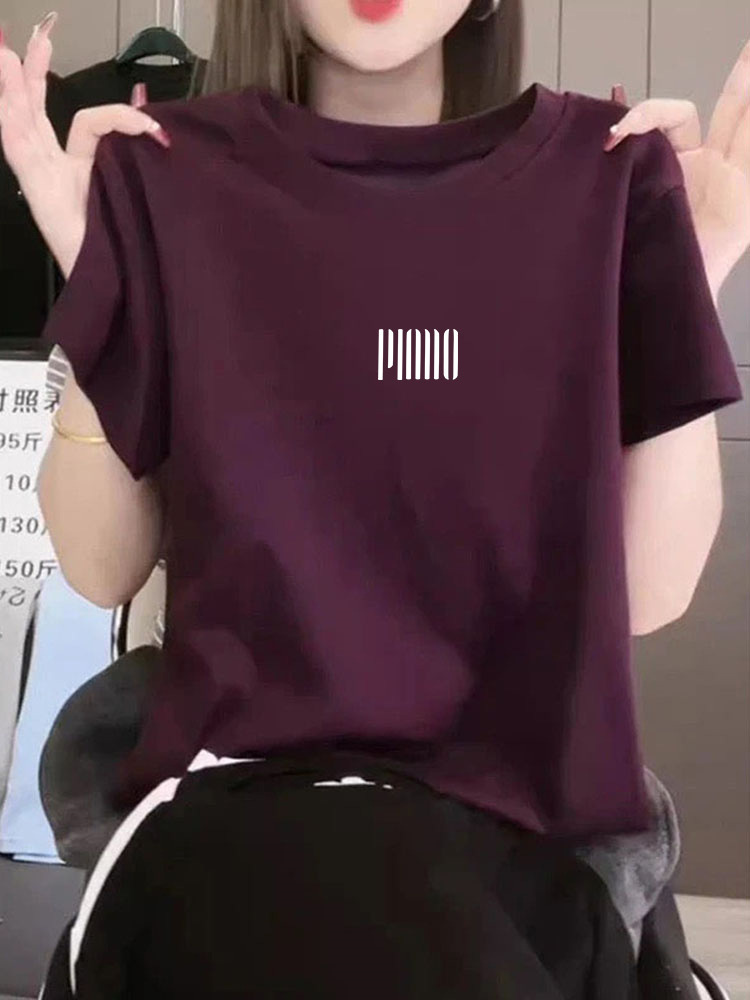 Purple High-End Style Straight-Shoulder Pure Cotton Short-Sleeve T-Shirt for Women, 2026 Summer Fashion, Age-Reducing, Stylish, Versatile Top