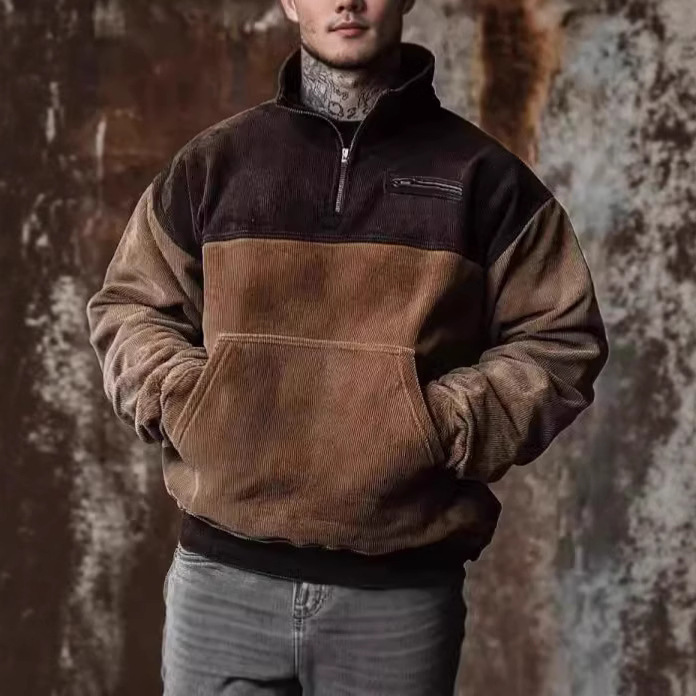Amazon Independent Site Cross-Border Sweatshirt Men's Retro Corduroy Stitching Contrasting Flap Pocket Pants 1/4 Zipper Sweatshirt 6